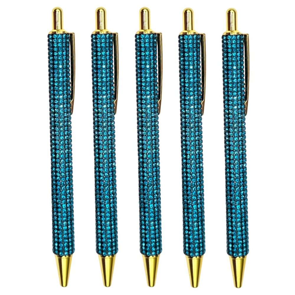 🟢 5️⃣ Pack Bling Rhinestone Teal Ballpoint Pens with Case